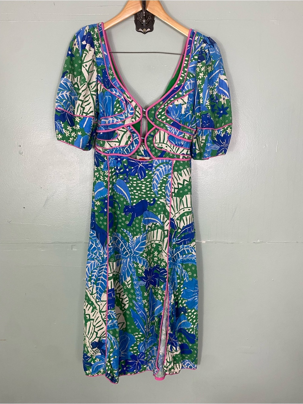 Farm Rio Jungle Panther Midi Dress Floral Green Blue Medium - Picture 2 of 7